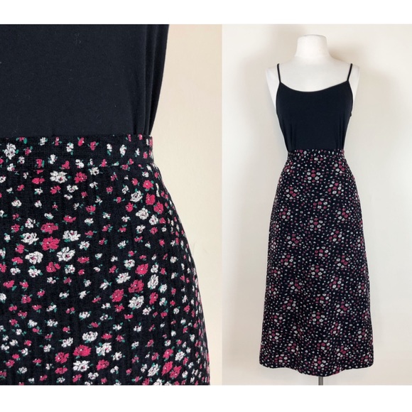 Vintage Dresses & Skirts - vintage‎ 90s criss cross textured corduroy skirt black ditsy floral a line midi